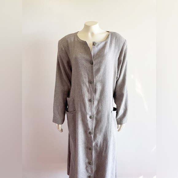 Ann Everett Herringbone Gray Wool Long Custom Pea Coat Button Down - Picture 8 of 16